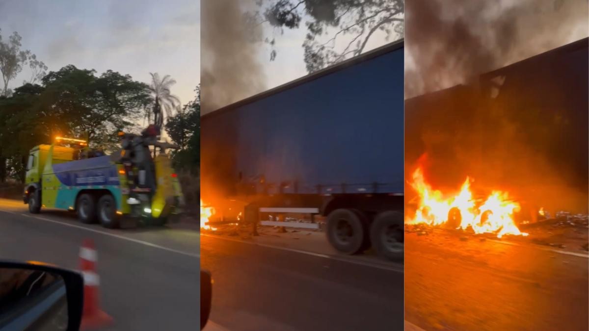 Carreta carregada de cerveja pega fogo